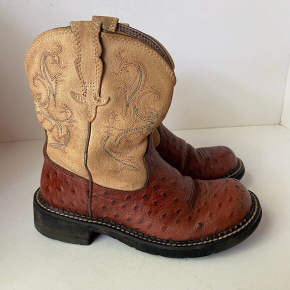 Ariat Fatbaby Brown Suede Embossed Ostrich Cowboy Boots Size 6B - Picture 1 of 15